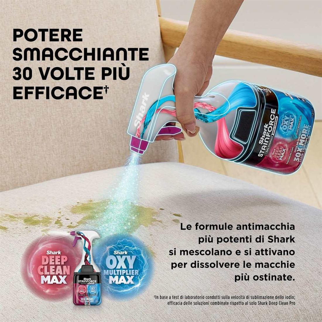 Potere smacchiante 30 volte più efficace con la formula doppia Shark