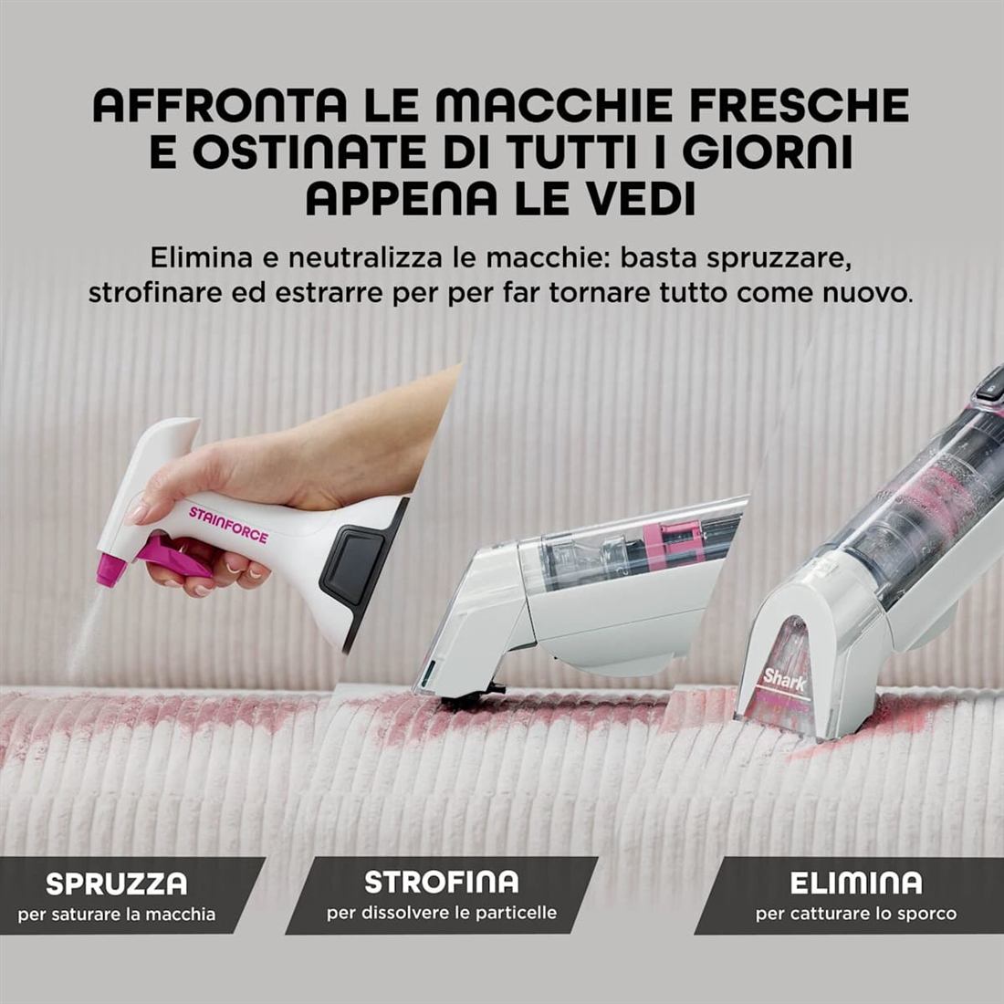 Tre passaggi: spruzza, strofina, elimina